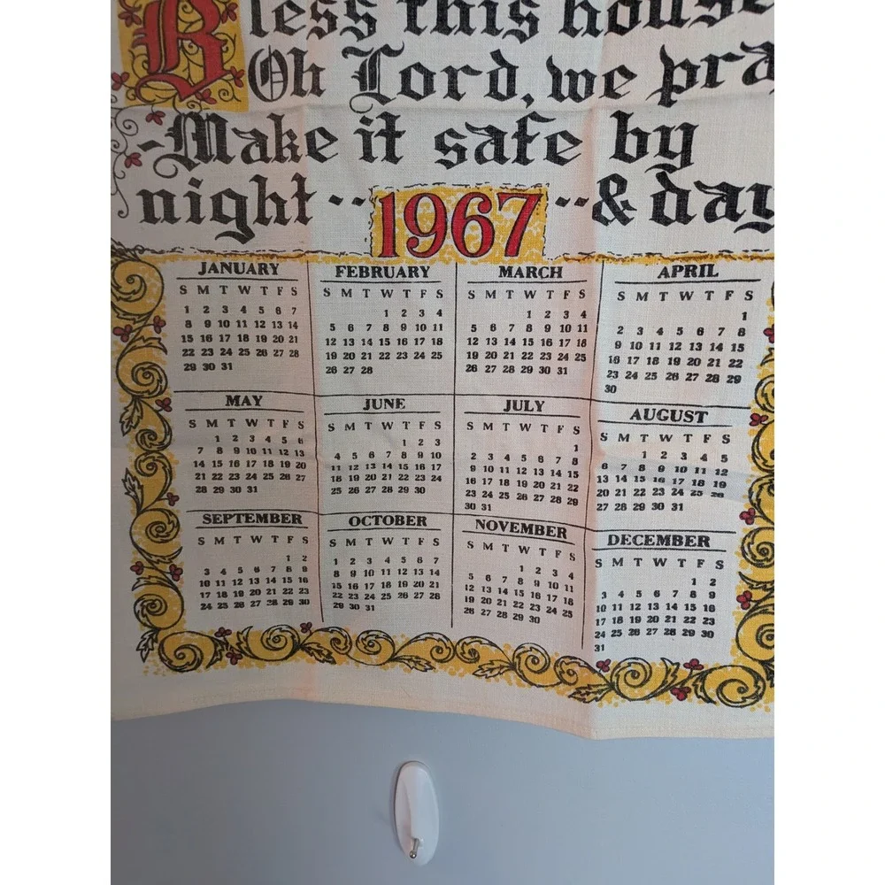 Vintage 1967 Linen Calendar Tea Towel Bless This House Wall Hanging Mid Century